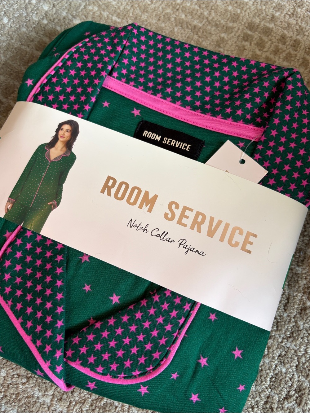 Room Service Women's Green Pink Star Pajama Set- XL- Cottagecore Girly Whimsical